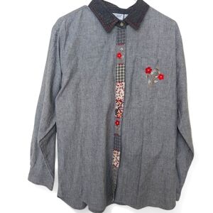 Cabin Creek gray‎ button-down floral embroidery patchwork women's 18W